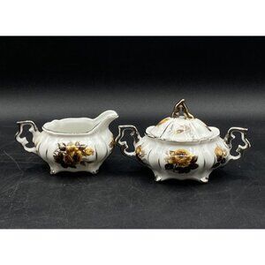 Royal Sealy Sugar Bowl Lid and Creamer Set Fall Colors BrownYellow Roses Vintage